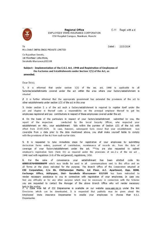 ESIC license/coverage letter thumbnail